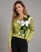 Satin Cowl Neck Long Sleeve Blouse - Elegant Collared Silk-Like Work Office Shirt - Luxxella