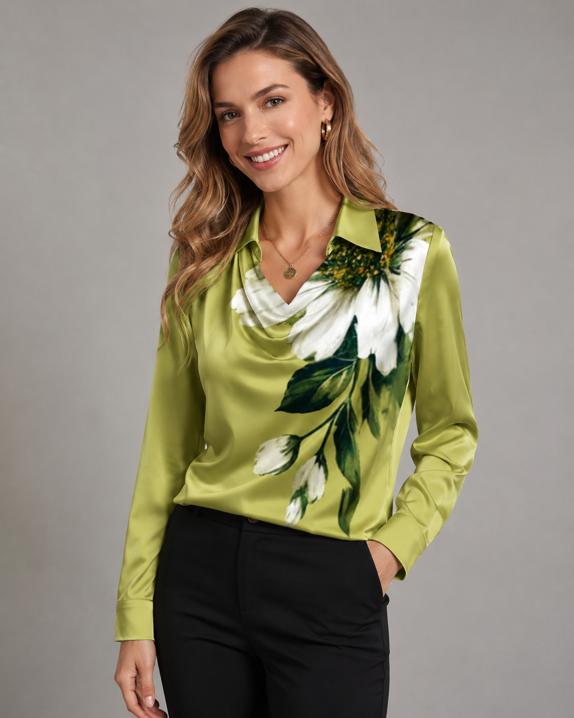 Satin Cowl Neck Long Sleeve Blouse - Elegant Collared Silk-Like Work Office Shirt - Luxxella