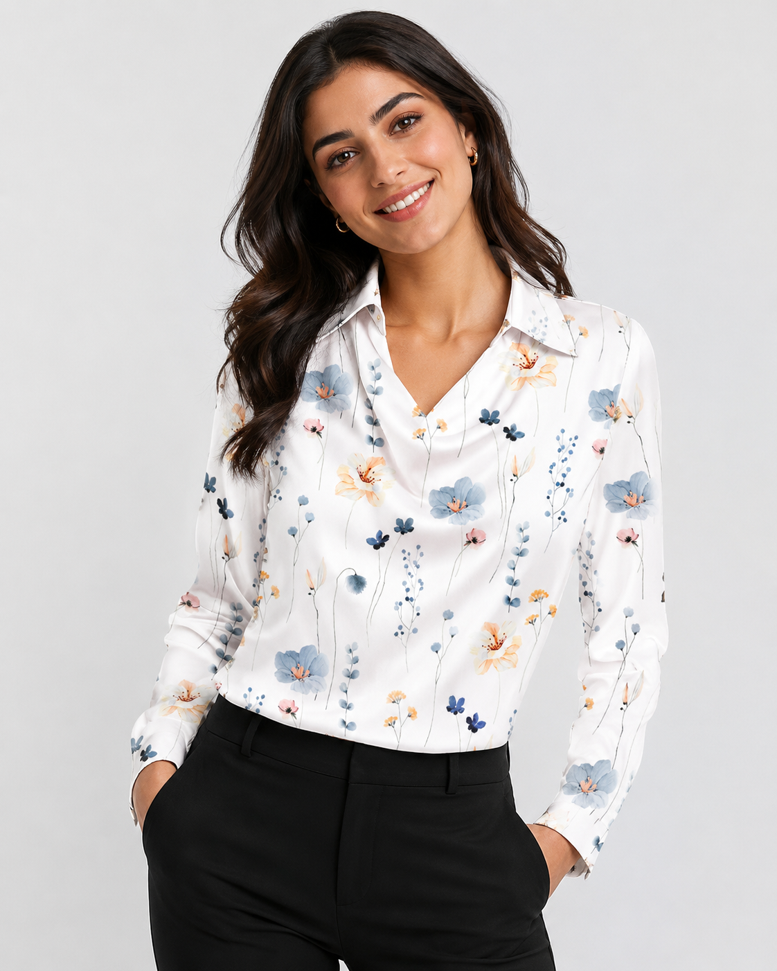 Satin Cowl Neck Long Sleeve Blouse - Elegant Collared Silk-Like Work Office Shirt - Luxxella