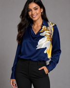 Satin Cowl Neck Long Sleeve Blouse - Elegant Collared Silk-Like Work Office Shirt - Luxxella