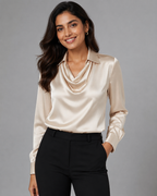 Satin Cowl Neck Long Sleeve Blouse - Elegant Collared Silk-Like Work Office Shirt - Luxxella