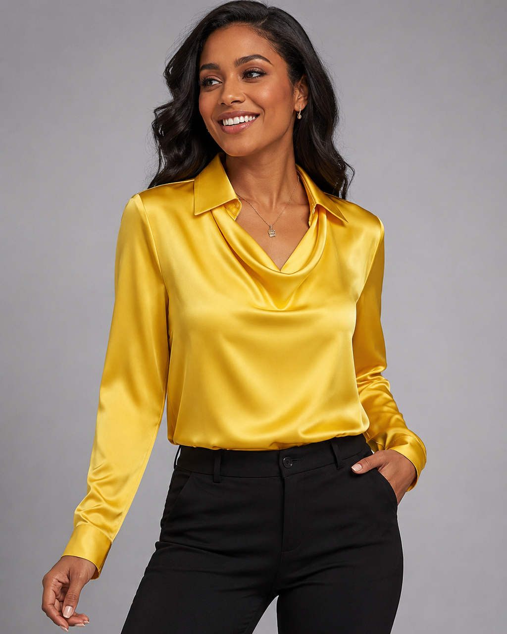 Satin Cowl Neck Long Sleeve Blouse - Elegant Collared Silk-Like Work Office Shirt - Luxxella