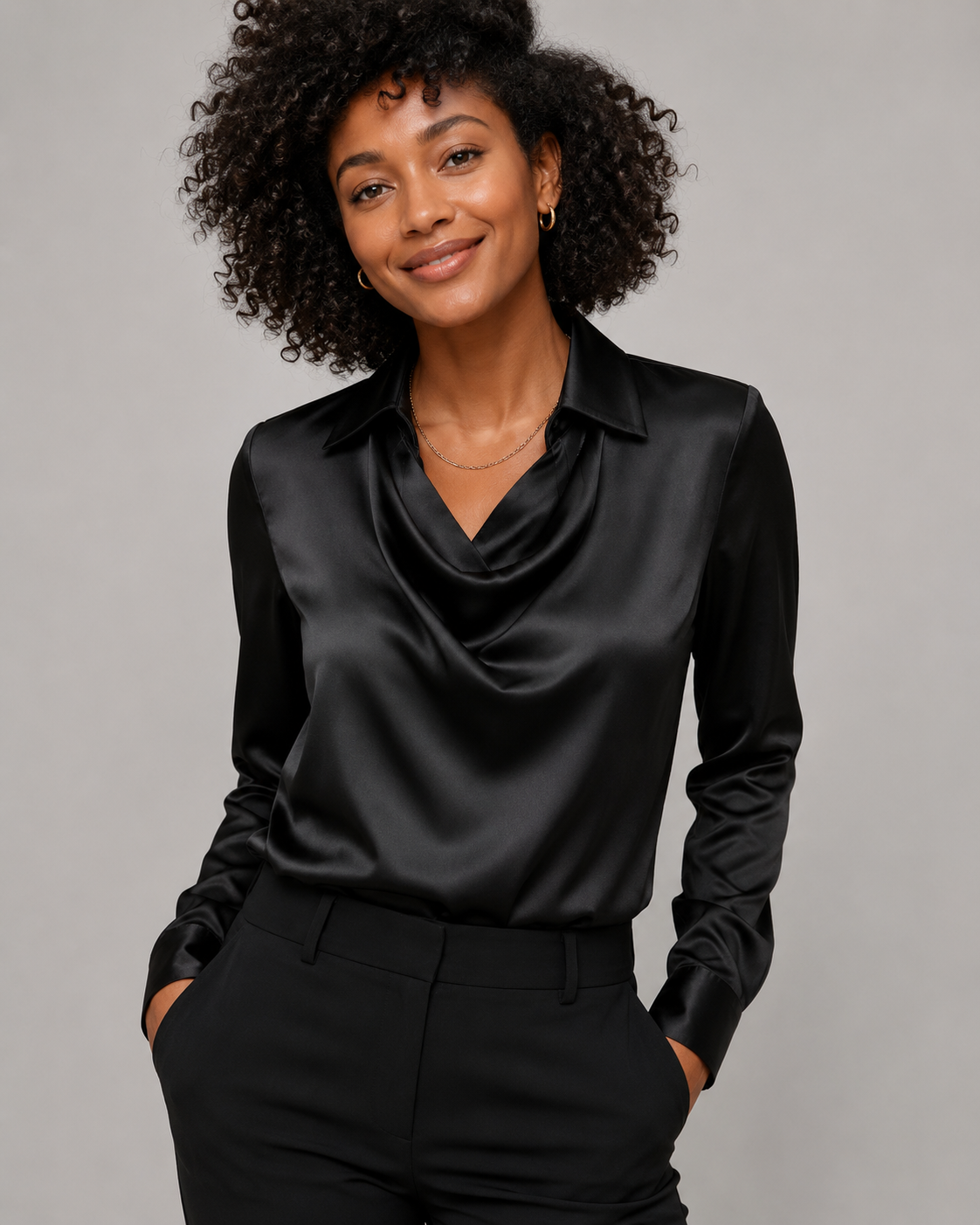 Satin Cowl Neck Long Sleeve Blouse - Elegant Collared Silk-Like Work Office Shirt - Luxxella