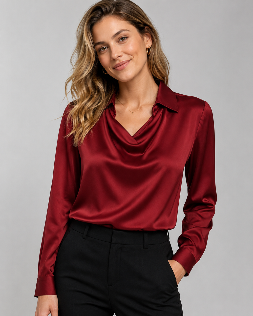 Satin Cowl Neck Long Sleeve Blouse - Elegant Collared Silk-Like Work Office Shirt - Luxxella