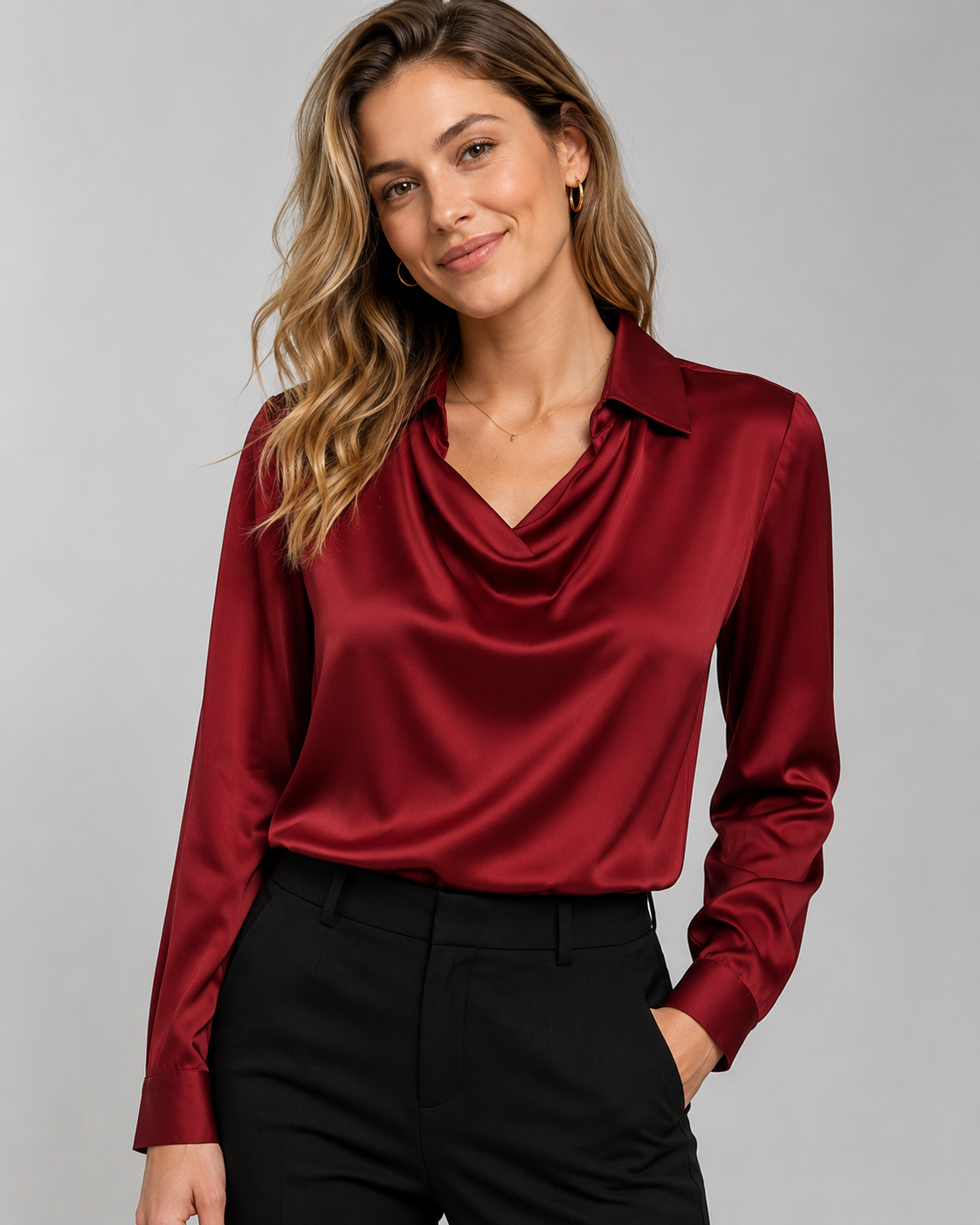 Satin Cowl Neck Long Sleeve Blouse - Elegant Collared Silk-Like Work Office Shirt - Luxxella