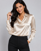 Satin Cowl Neck Long Sleeve Blouse - Elegant Collared Silk-Like Work Office Shirt - Luxxella