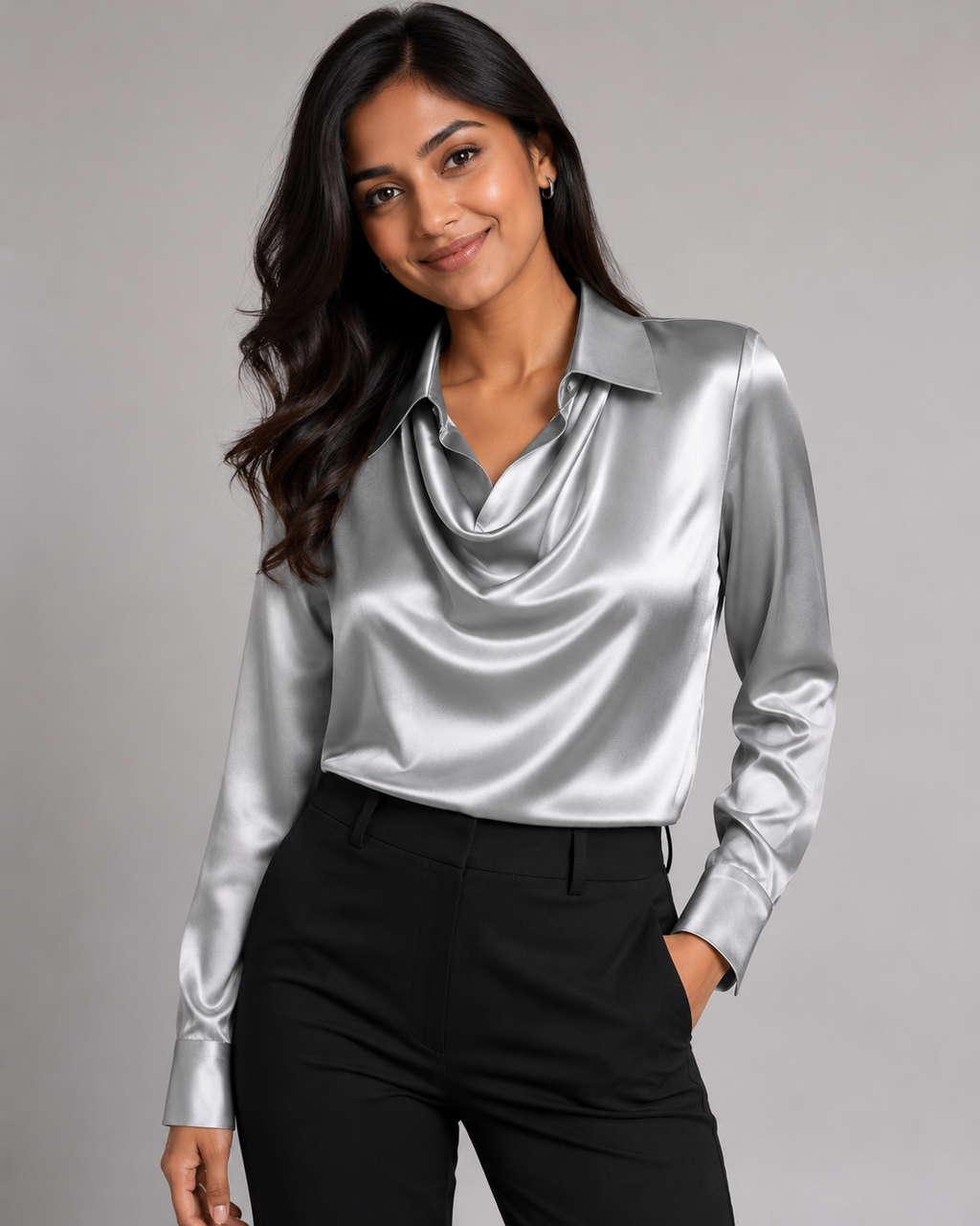 Satin Cowl Neck Long Sleeve Blouse - Elegant Collared Silk-Like Work Office Shirt - Luxxella