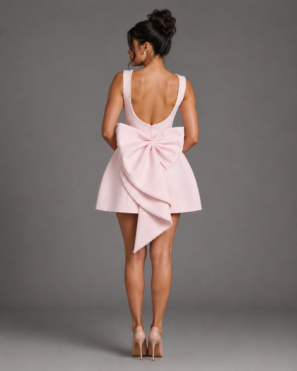 Satin Pearl Carrie Mini Dress – Elegant Backless Boat Neck Bridal Bow Dress - Luxxella