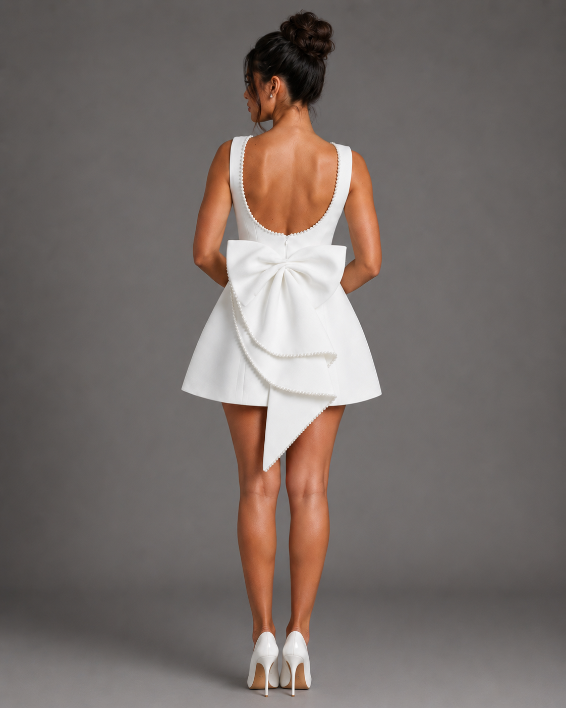 Satin Pearl Carrie Mini Dress – Elegant Backless Boat Neck Bridal Bow Dress, White / S