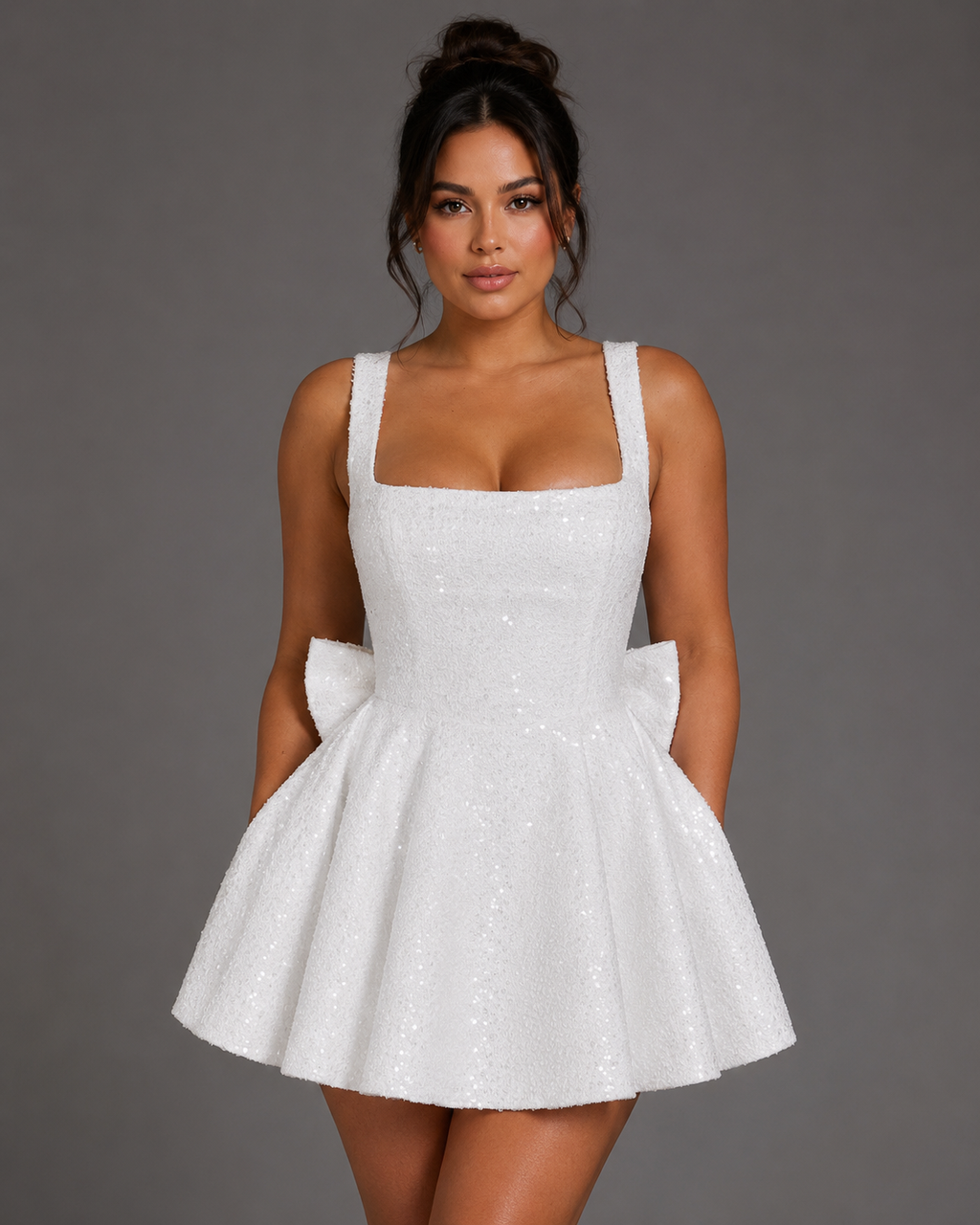 Sequin Tweed Carrie Mini Dress – Square Neck Structured A-Line Bridal Bow Dress - Luxxella