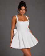 Sequin Tweed Carrie Mini Dress – Square Neck Structured A-Line Bridal Bow Dress - Luxxella