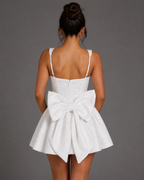 Sequin Tweed Carrie Mini Dress – Square Neck Structured A-Line Bridal Bow Dress - Luxxella