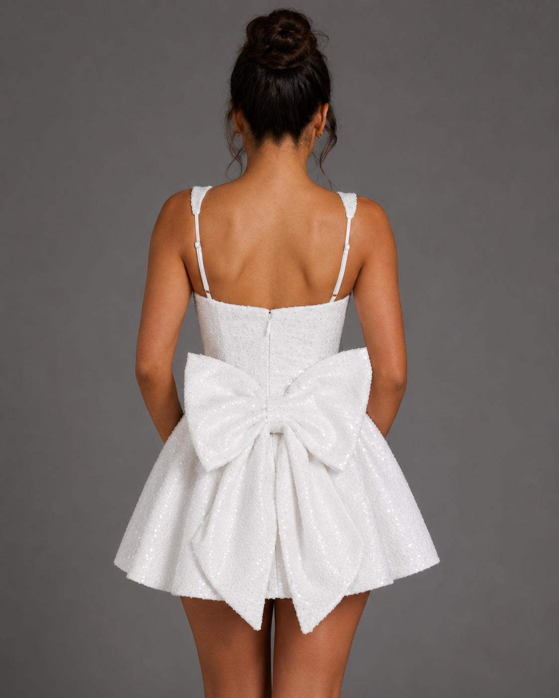Sequin Tweed Carrie Mini Dress – Square Neck Structured A-Line Bridal Bow Dress - Luxxella