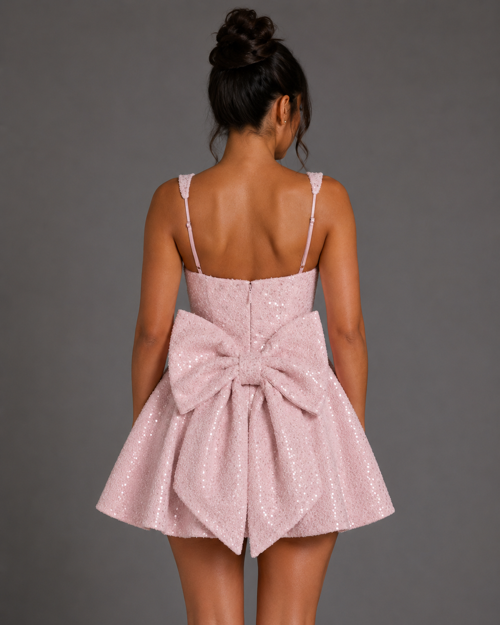 Sequin Tweed Carrie Mini Dress – Square Neck Structured A-Line Bridal Bow Dress - Luxxella