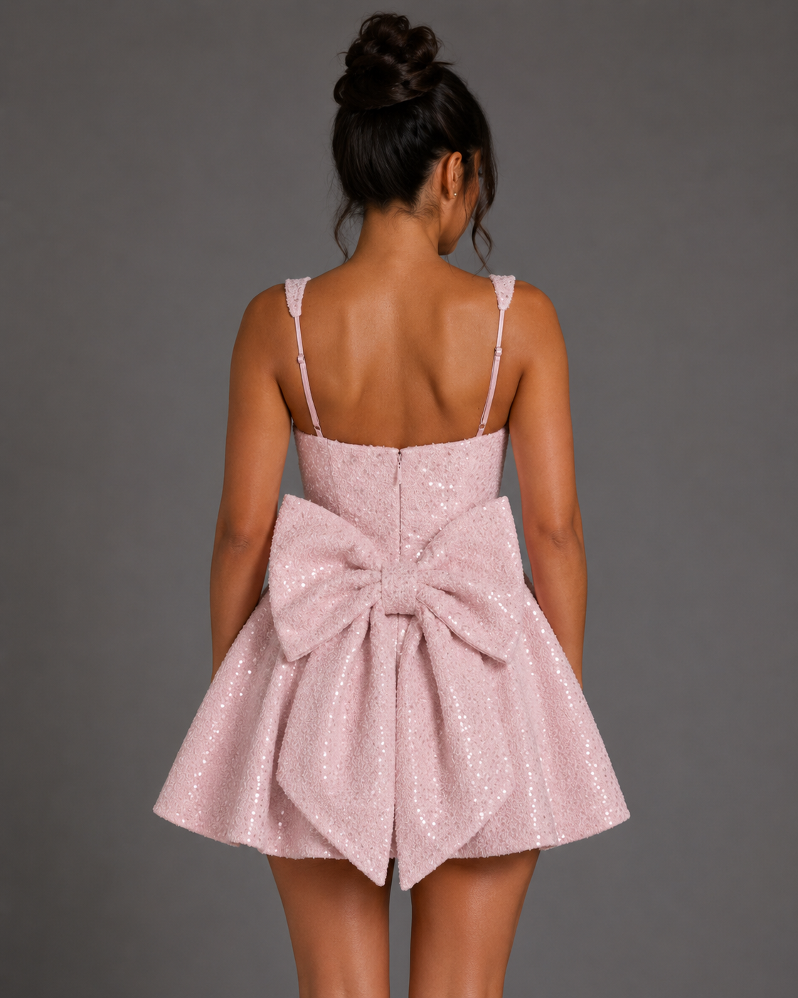 Sequin Tweed Carrie Mini Dress – Square Neck Structured A-Line Bridal Bow Dress - Luxxella