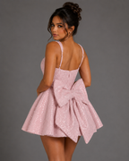 Sequin Tweed Carrie Mini Dress – Square Neck Structured A-Line Bridal Bow Dress - Luxxella