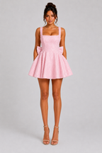 Sequin Tweed Carrie Mini Dress – Square Neck Structured A-Line Bridal Bow Dress