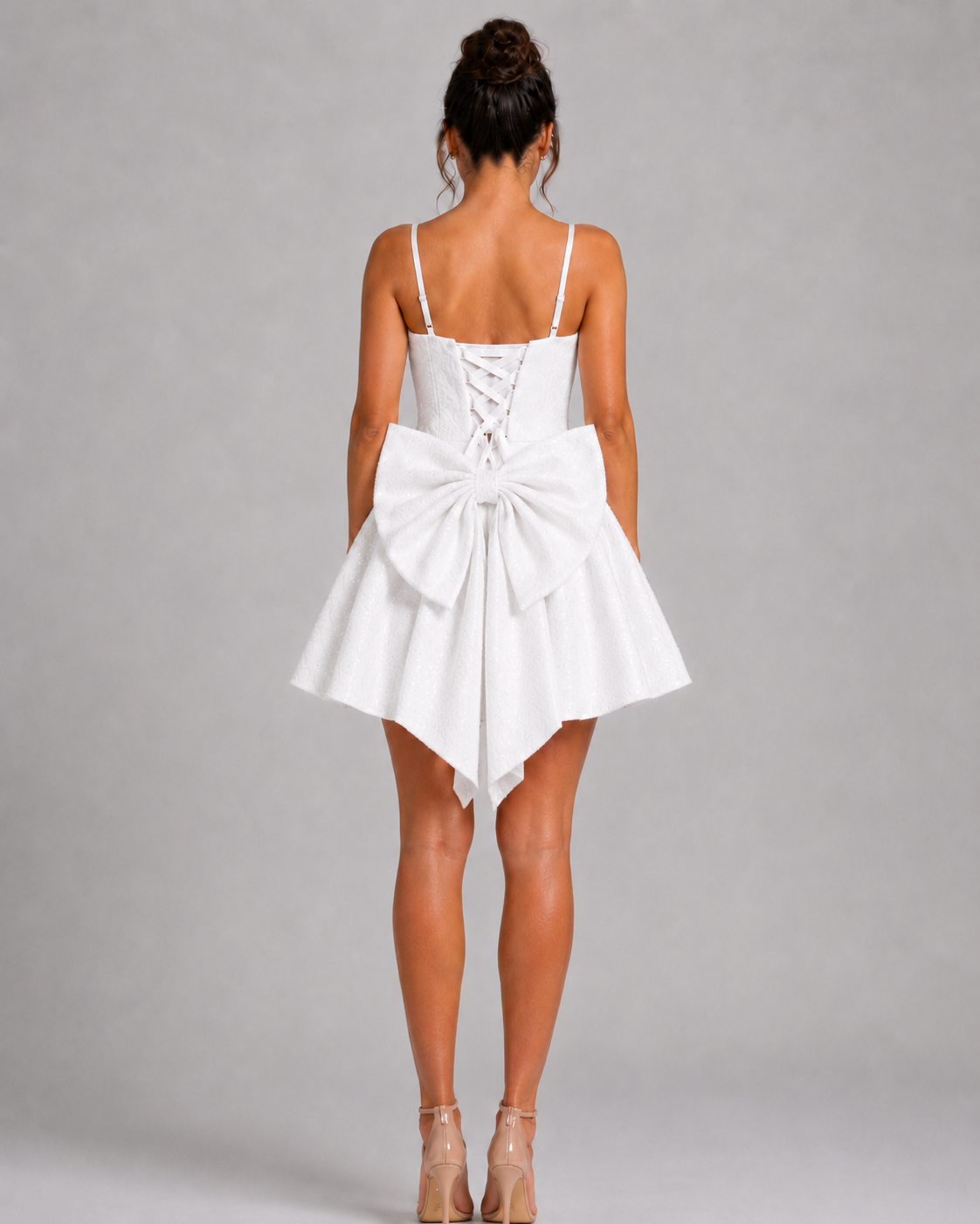 Sequin Tweed Carrie Mini Dress – Square Neck Structured A-Line Bridal Bow Dress