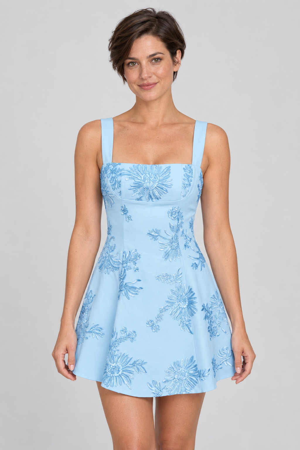 Square Neck Embroidered Lace Dress Floral A-Line Homecoming Gown Short Cocktail Party Sundress