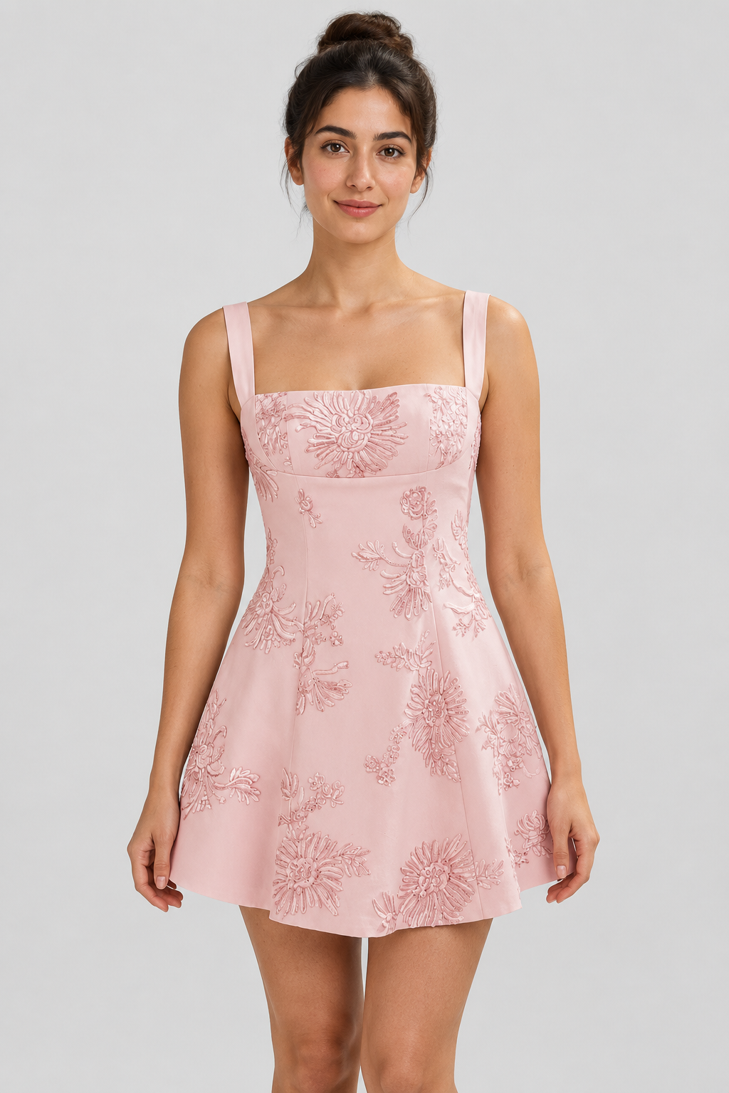 Square Neck Embroidered Lace Dress Floral A-Line Homecoming Gown Short Cocktail Party Sundress