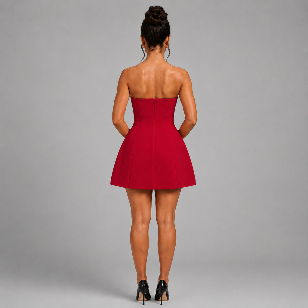 Strapless Carrie Mini Dress – Elegant Black Crepe Hourglass Corset Dress - Luxxella