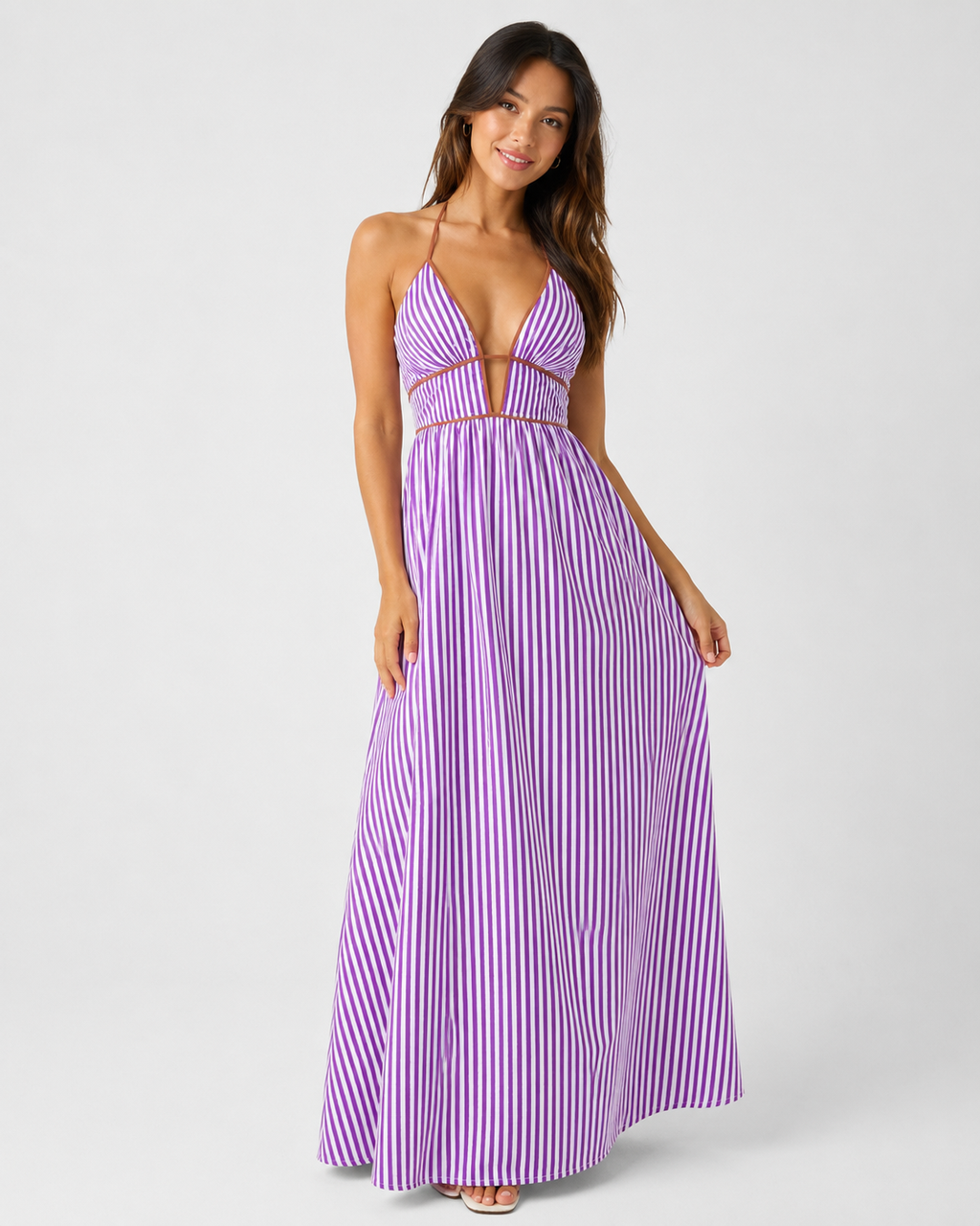 Striped Halter Maxi Dress - Deep V-Neck Backless Summer Vacation Beach Sundress - Luxxella