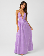 Striped Halter Maxi Dress - Deep V-Neck Backless Summer Vacation Beach Sundress - Luxxella