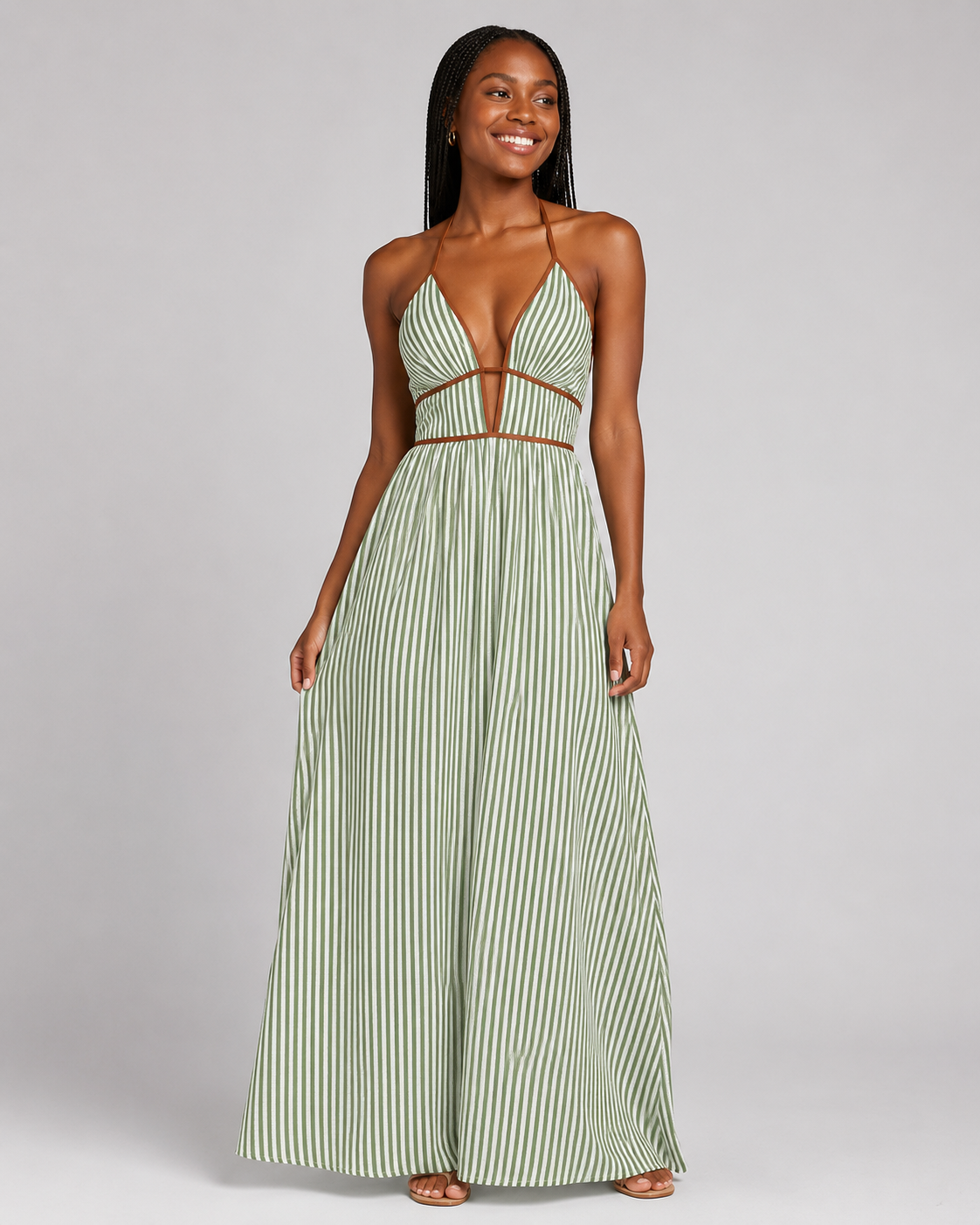 Striped Halter Maxi Dress - Deep V-Neck Backless Summer Vacation Beach Sundress - Luxxella