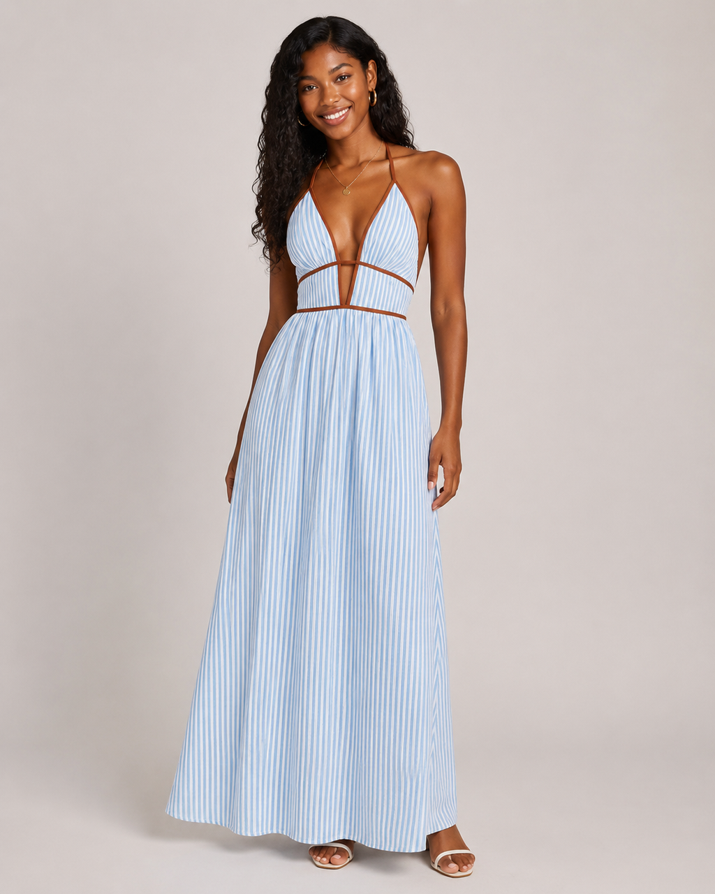 Striped Halter Maxi Dress - Deep V-Neck Backless Summer Vacation Beach Sundress - Luxxella