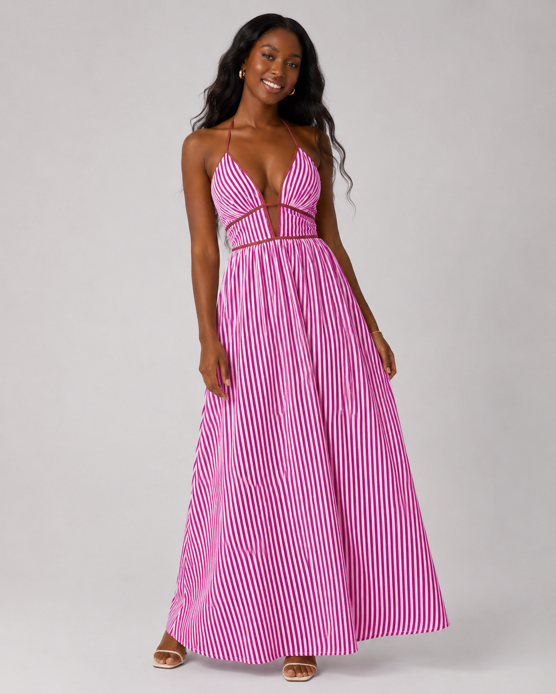 Women's Striped Halter Maxi Dress - Deep V-Neck Backless Beach Sundress