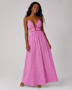 Striped Halter Maxi Dress - Deep V-Neck Backless Summer Vacation Beach Sundress - Luxxella