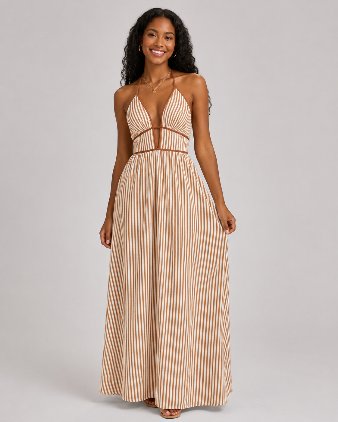 Deep V Halter Striped Maxi Dress Boho Glamour For Street Beach
