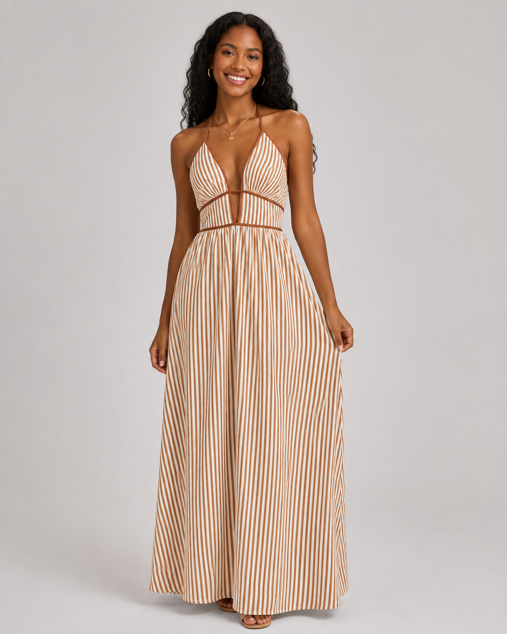 Striped Halter Maxi Dress - Deep V-Neck Backless Summer Vacation Beach Sundress - Luxxella
