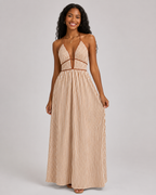 Striped Halter Maxi Dress - Deep V-Neck Backless Summer Vacation Beach Sundress - Luxxella