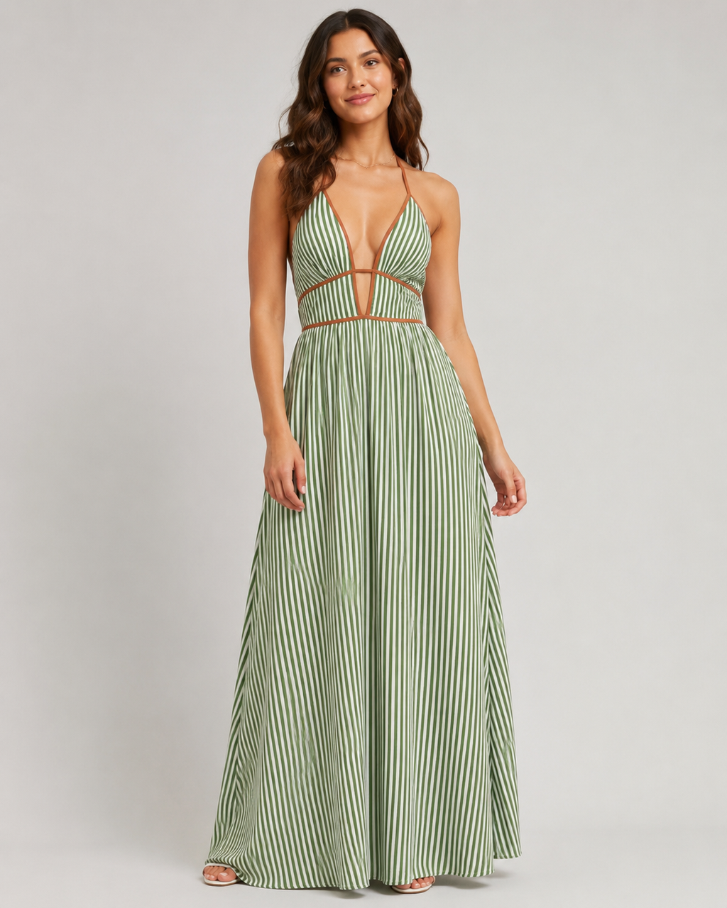Striped Halter Maxi Dress - Deep V-Neck Backless Summer Vacation Beach Sundress - Luxxella