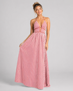 Striped Halter Maxi Dress - Deep V-Neck Backless Summer Vacation Beach Sundress - Luxxella