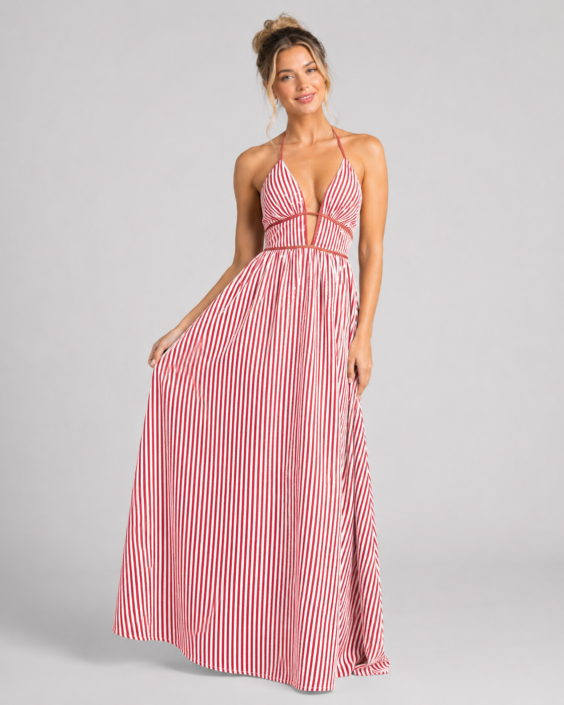 Striped Halter Maxi Dress - Deep V-Neck Backless Summer Vacation Beach Sundress - Luxxella