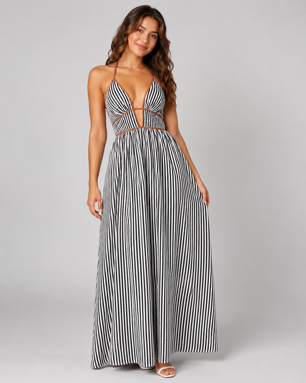Striped Halter Maxi Dress - Deep V-Neck Backless Summer Vacation Beach Sundress - Luxxella