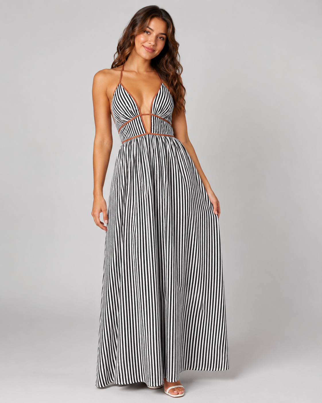Striped Halter Maxi Dress - Deep V-Neck Backless Summer Vacation Beach Sundress - Luxxella