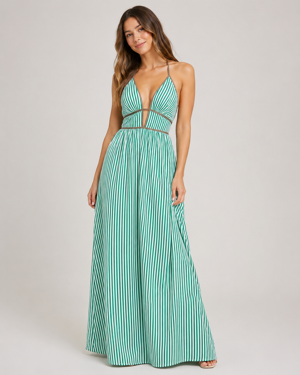 Striped Halter Maxi Dress - Deep V-Neck Backless Summer Vacation Beach Sundress - Luxxella