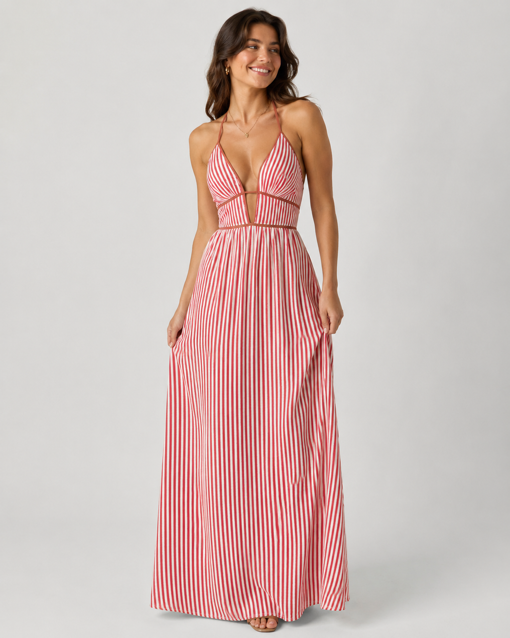 Striped Halter Maxi Dress - Deep V-Neck Backless Summer Vacation Beach Sundress - Luxxella