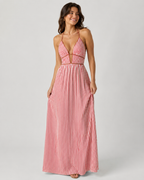 Striped Halter Maxi Dress - Deep V-Neck Backless Summer Vacation Beach Sundress - Luxxella