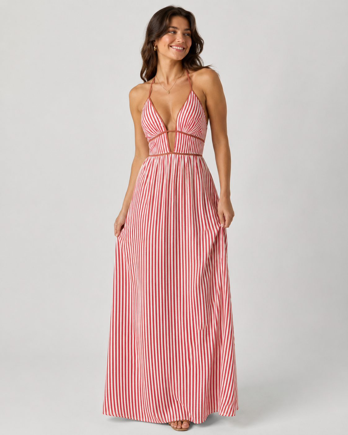 Striped Halter Maxi Dress - Deep V-Neck Backless Summer Vacation Beach Sundress - Luxxella