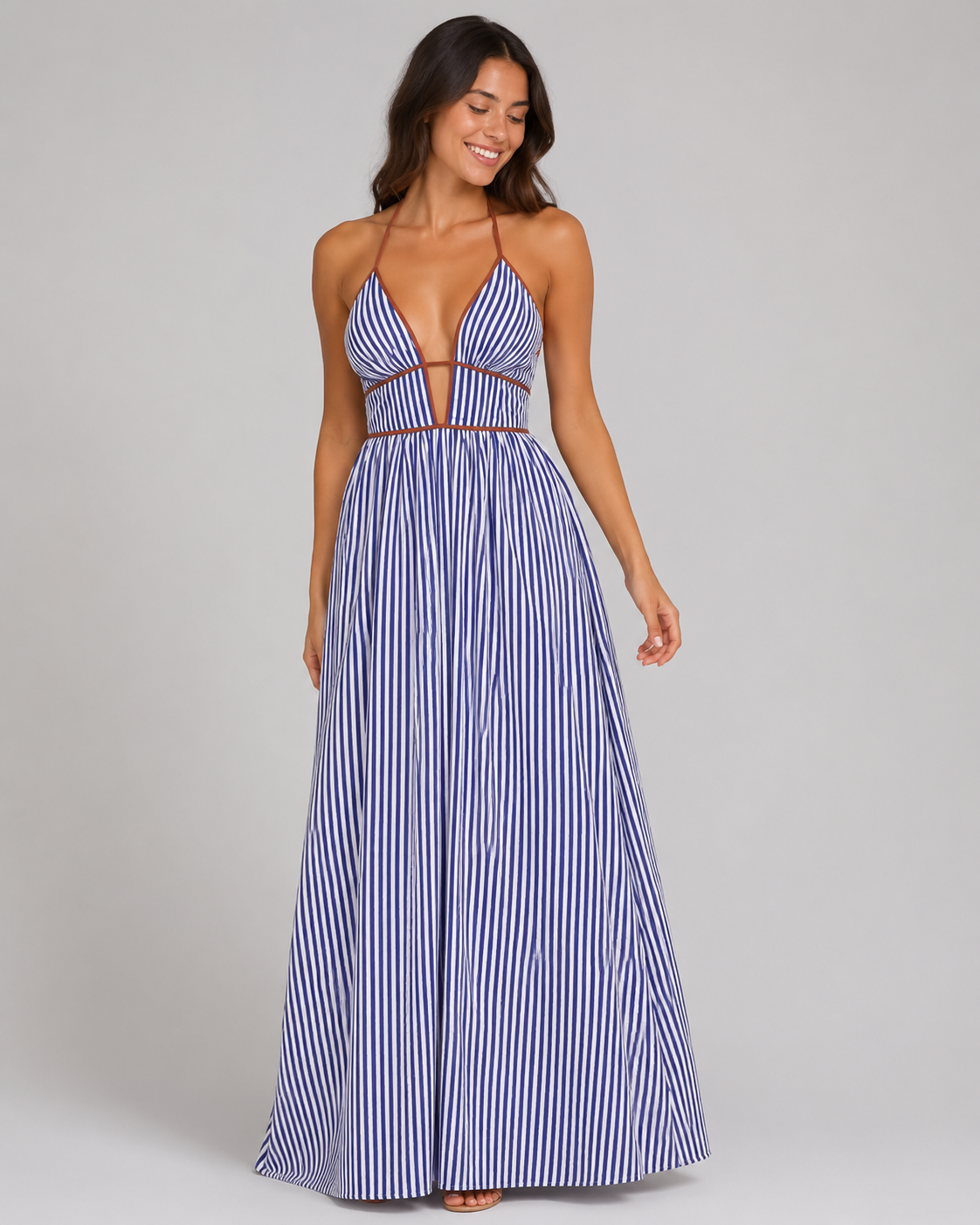 Striped Halter Maxi Dress - Deep V-Neck Backless Summer Vacation Beach Sundress - Luxxella