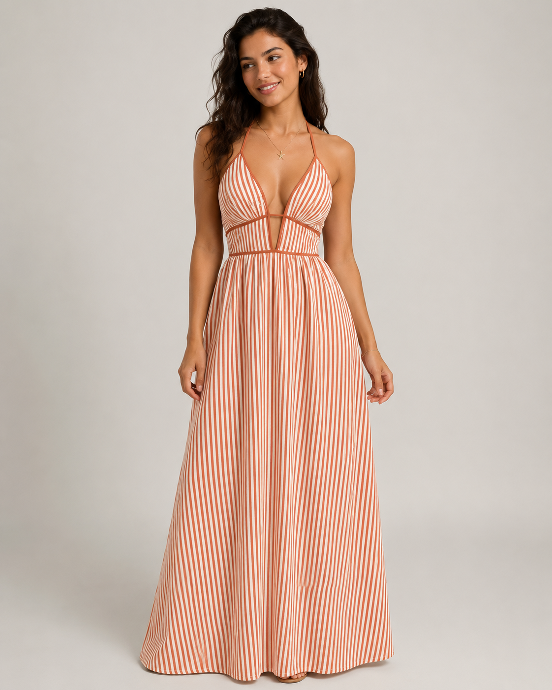 Striped Halter Maxi Dress - Deep V-Neck Backless Summer Vacation Beach Sundress - Luxxella