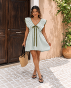 Striped Ruffle Sleeve Mini Dress – Casual V-Neck Tie Front Babydoll Sundress - Luxxella