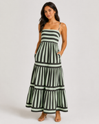 Striped Tiered Maxi Dress - Square Neck Spaghetti Strap Flowy Boho Summer Vacation Sundress
