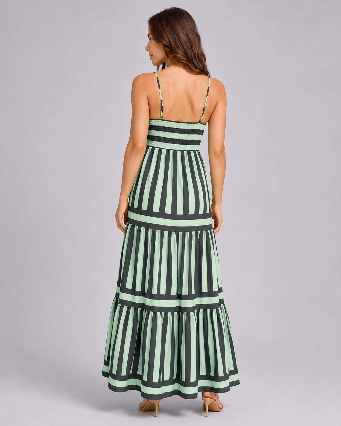 Striped Tiered Maxi Dress - Square Neck Spaghetti Strap Flowy Boho Summer Vacation Sundress