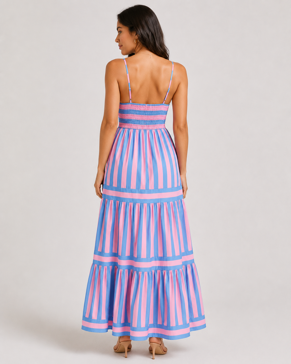 Striped Tiered Maxi Dress - Square Neck Spaghetti Strap Flowy Boho Summer Vacation Sundress
