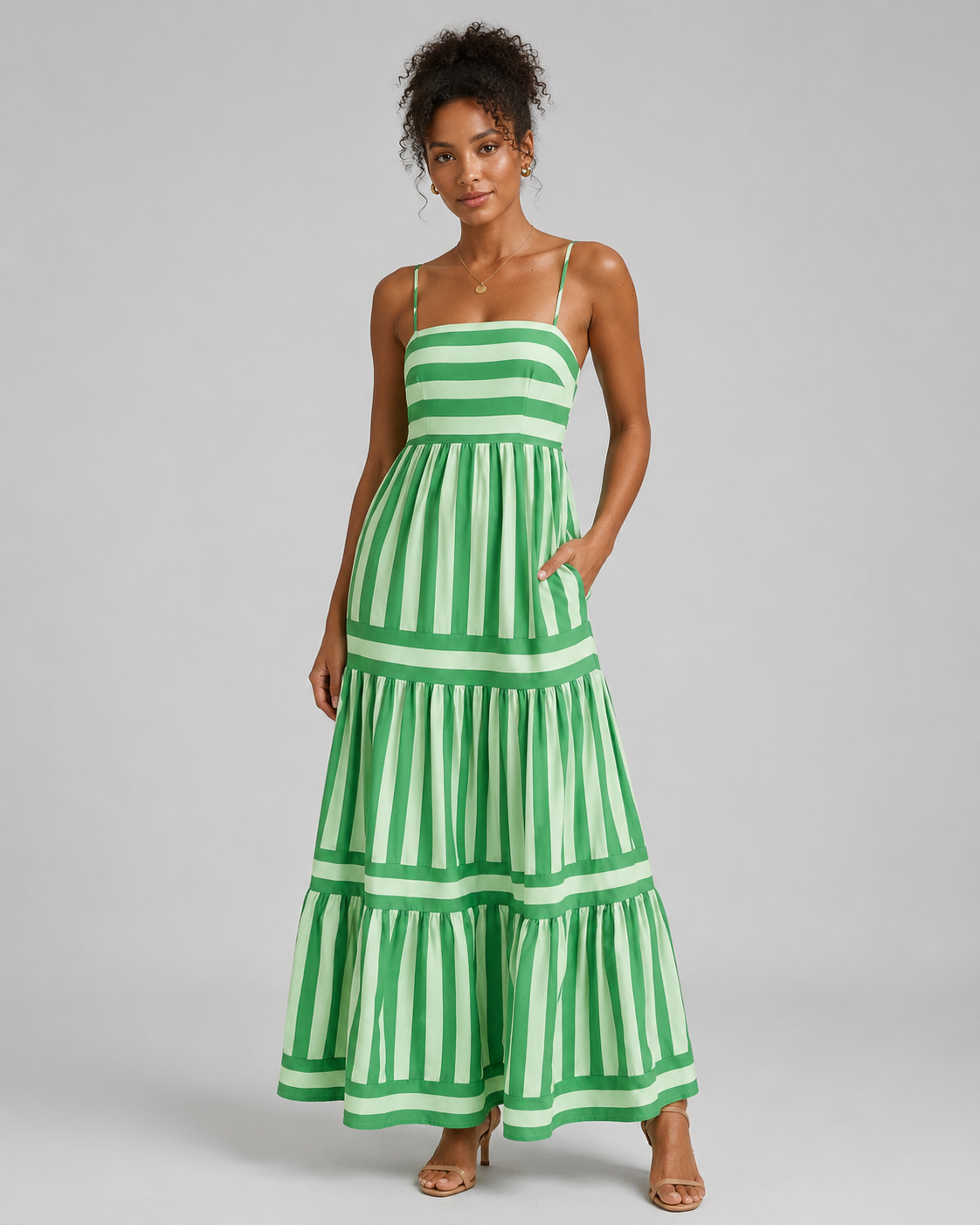 Women's Striped Tiered Maxi Dress - Square Neck Spaghetti Strap Sundress